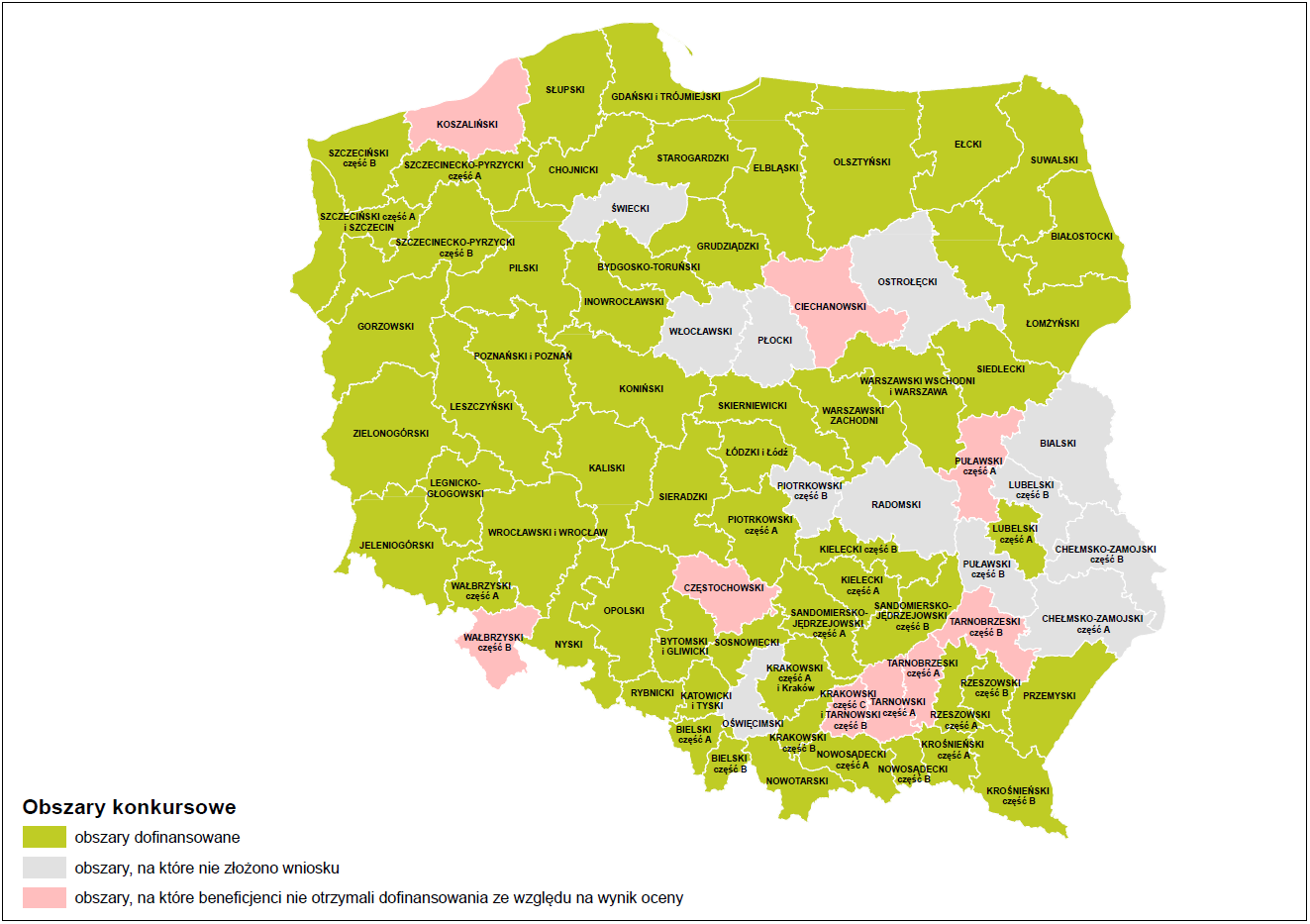 Mapa obszarów konkursowych Programu Polska Cyfrowa z wyszczególnieniem obszarów dofinansowanych; obszarów, na które nie złożono wniosku oraz obszarów, na które beneficjenci nie otrzymał dofinansowania ze względu na wynik oceny.